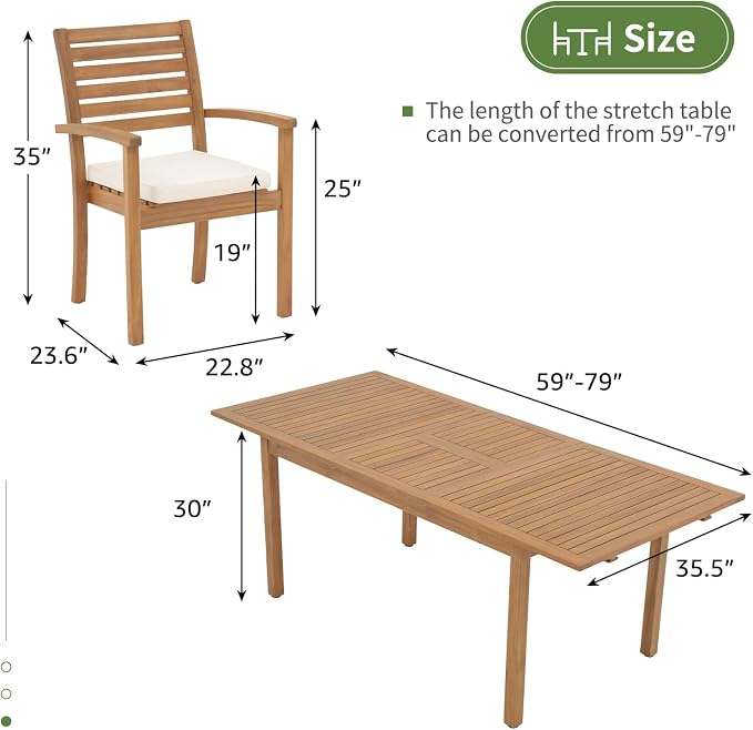 OC Orange-Casual 7 Piece Patio Dining Set, Outdoor Acacia Wood Furniture Set, Extendable Rectangular Table and 6 Stackable Chairs w/Removeable Fabric Cushion, White Cushion
