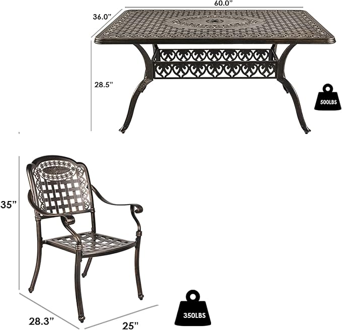 TITIMO 7-Piece Outdoor Furniture Dining Set, All-Weather Cast Aluminum Conversation Set Includes 1 Rectangular Table and 6 Chairs with Khaki Cushions and Umbrella Hole for Patio Garden Deck