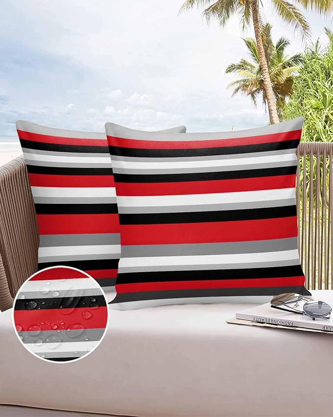 Pack of 2 Red Black Grey Stripes Outdoor Pillow Waterproof Covers 24x24 inch, Geometric Mexican Style Polyester Throw Pillow Covers Garden Cushion Decorative Case for Patio Couch Decoration
