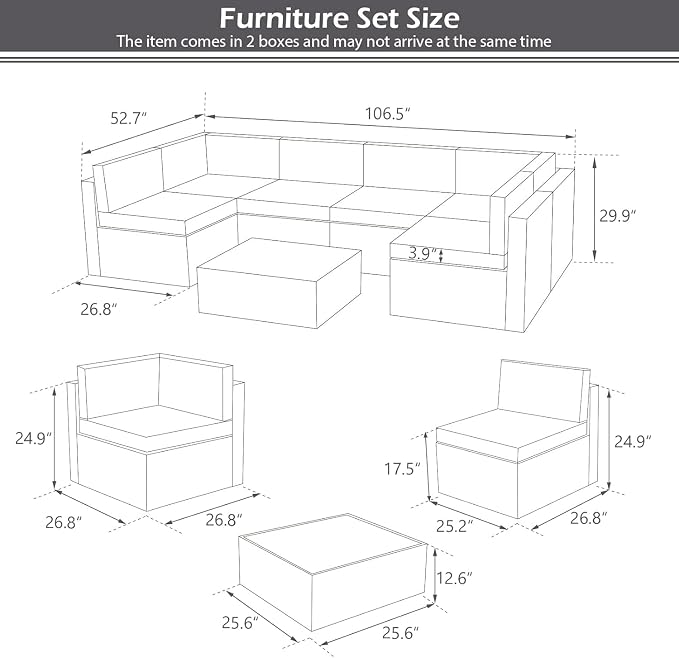 U-MAX 7 Piece Outdoor Patio Furniture Set, PE Rattan Outdoor Wicker Sectional Furniture Chair Set with Cushions and Tea Table, Grey Rattan and Grey Cushion