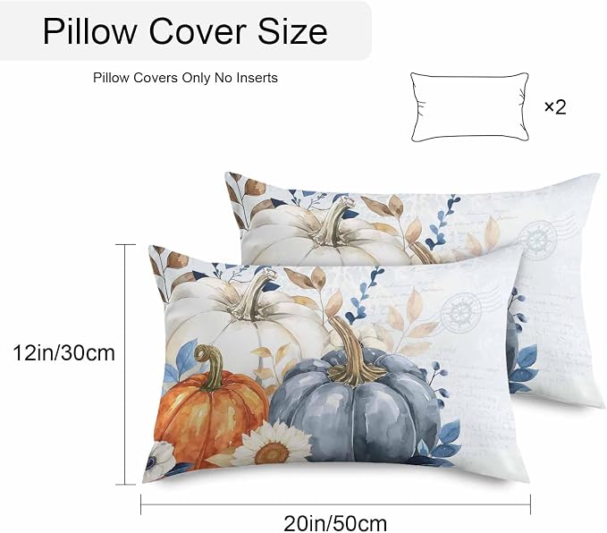 Fall Outdoor Throw Pillows Covers 20x12 inch Set of 2 Waterproof Blue White Pumpkin Zippered Cushion Covers for Patio Furniture, Autumn Eucalyptus Leaf Floral Thanksgiving Lumbar Pillowcases