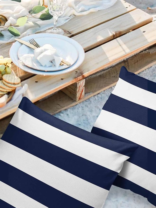 Custom Bed USA Nautical Stripe Outdoor Waterproof Throw Pillow Covers, Decorative Pillowcases Polyester Cushion Covers for Garden Patio Tent Sofa Couch Pack of 2 18x18 inch, Navy Blue White Stripes