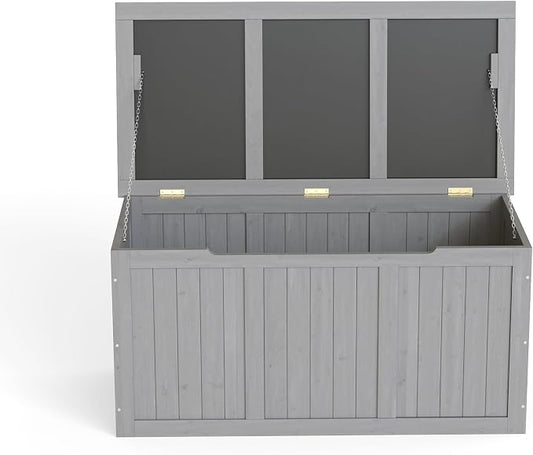 CIATRE 67-Gallon Outdoor Wooden Deck Box – Solid Wood Storage Bench with Seat & Table Top, Weather-Resistant Patio Cushion & Pool Toy Organizer -Grey