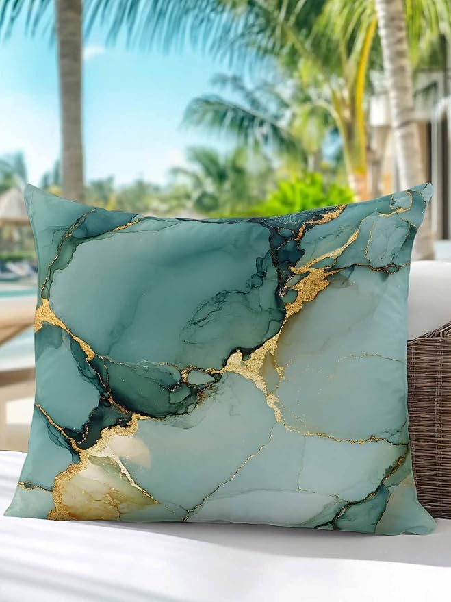 1 Pack Outdoor Throw Pillow, Teal Ombre Marble Waterproof Pillow with Insert Included, Modern Ink Painting Abstract Decorative Accent Cushion Sofa Pillows for Patio Porch, 16 x 16 in