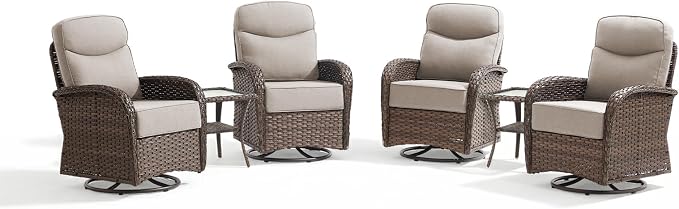 Outdoor Swivel Rocking Chair Patio Set (6PCS), High-Back - Thick Cushion Swivel Rocking Chair Patio Set, All-Weather Wicker Patio Furniture Set, Suitable for Balcony Patios, Brown/Beige