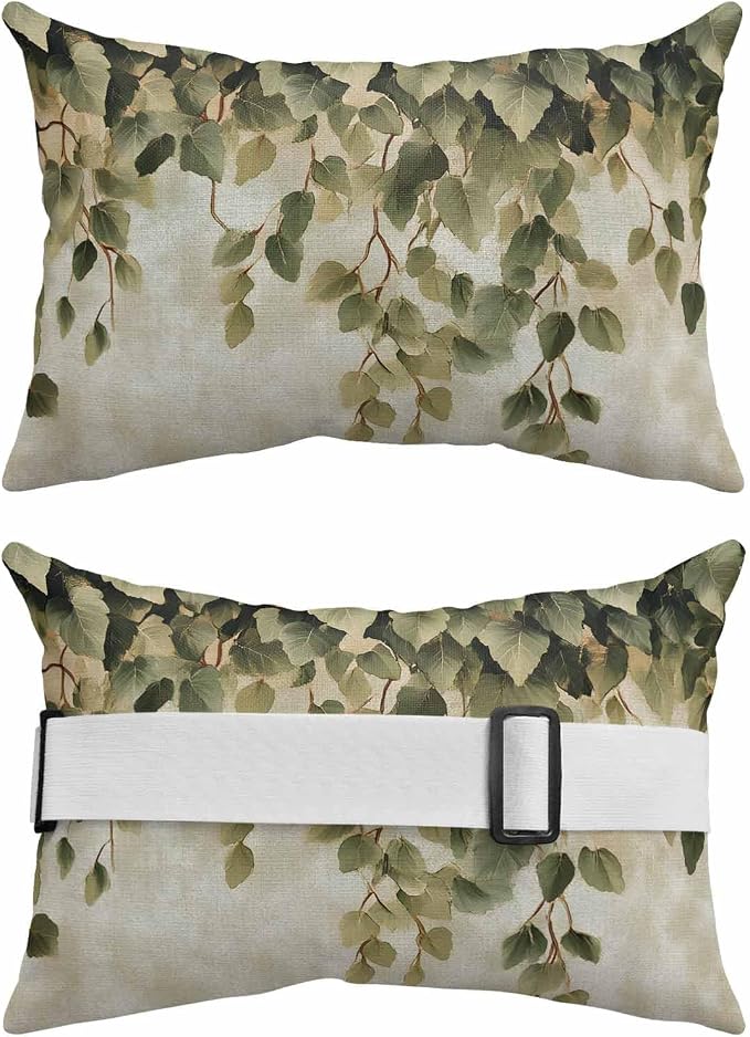 Pack of 2 Outdoor Lumbar Cushions with Inserts, Spring Leaf Plant Vintage Linen Oil Painting Waterproof Fluffy Fade Body Pillows, Patio Furniture Pillow for Home Balcony Garden Decor 11x16IN