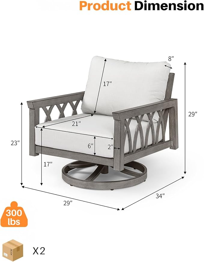 Outdoor Swivel Armchairs Set of 2, Aluminum Patio Sofa Chairs with Cushions, 360° Rotating Aluminum Club Chairs, Weather-Resistant Patio Furniture Set for Deck Garden Poolside, Limed Oak