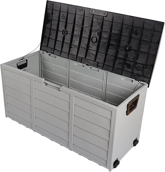 75 Gallon 260L Outdoor Deck Plastic Storage Box for Outdoor Pillows, Pool Toys, Garden Tools, Furniture and Sports Equipment | Water-Resistant | Grey | Lockable Seat