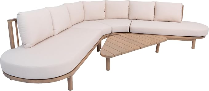 Christopher Knight Home Gemsy 118" Acacia Wood Outdoor Patio Furniture Set with Cushion, Outdoor Half Moon Curved Sectional Sofa Set with Coffee Table, Patio Sectional Sofa Set, Beige + Brown