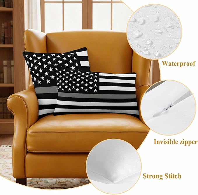 Thin Gray Outdoor Waterproof Throw Pillow Covers Set of 2, 20"x12", Line Law Enforcement Correctional Corrections Guards Officers Decorative Pillow Covers Outside Cushion Case for Patio Porch Garden