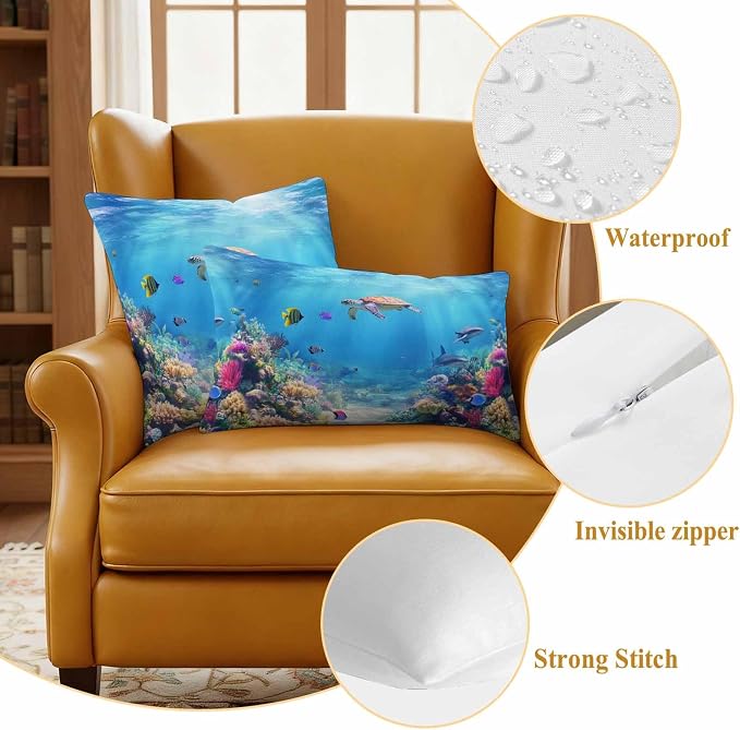 Ocean Turtle Waterproof Outdoor Pillow Covers Set of 2 Home Decor, Blue Beach Summer Dolphin Whale Coral Fish Pillowcase Patio Pillow Covers for Couch Bench Furniture Garden 20x20in