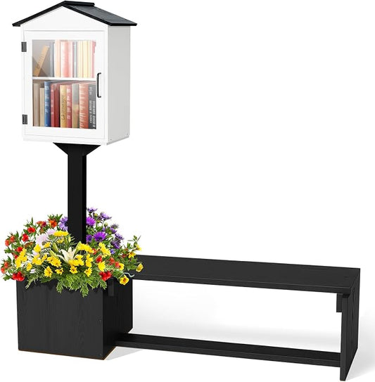 Wonderjune 3-in-1 Little Library Box Outdoor with Bench & Planter DIY Paintable Lending Free Library Pine Wood Neighborhood Share Box Ground Mount Kit for Yard Garden Community School(Black and White)