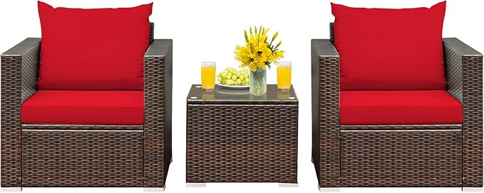 HAPPYGRILL 3 Piece Patio Furniture Set PE Rattan Wicker Sofa Set with Cushions and Coffee Table Outdoor Patio Conversation Set for Garden Poolside Balcony