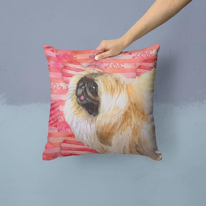 Caroline's Treasures BB9768PW1414 Pekingese Love Fabric Decorative Pillow, Red Machine Washable, Indoor Outdoor Decorative Pillow for Couch, Bed or Patio, 14Hx14W