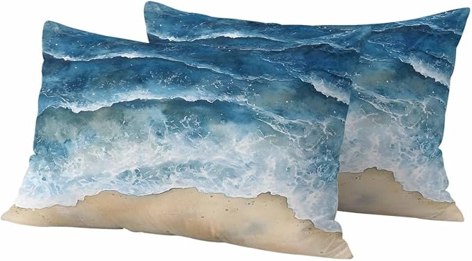 Abstract Waves Outdoor Waterproof Throw Pillow Covers Set of 2, 20"x12", Blue Ocean Spray Beach Watercolor Decorative Pillow Covers Outside Cushion Case for Patio Porch Garden
