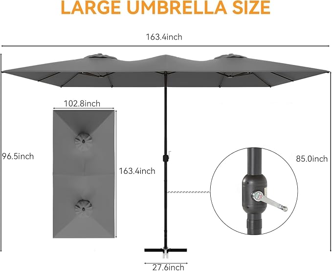 10 PCS Outdoor Patio Dining Set with 13.6ft Double-Sided Patio Umbrella,Patio Table and Chairs Metal Outdoor Patio Furniture Set,Dining Table Set with Swivel Chairs,Grey