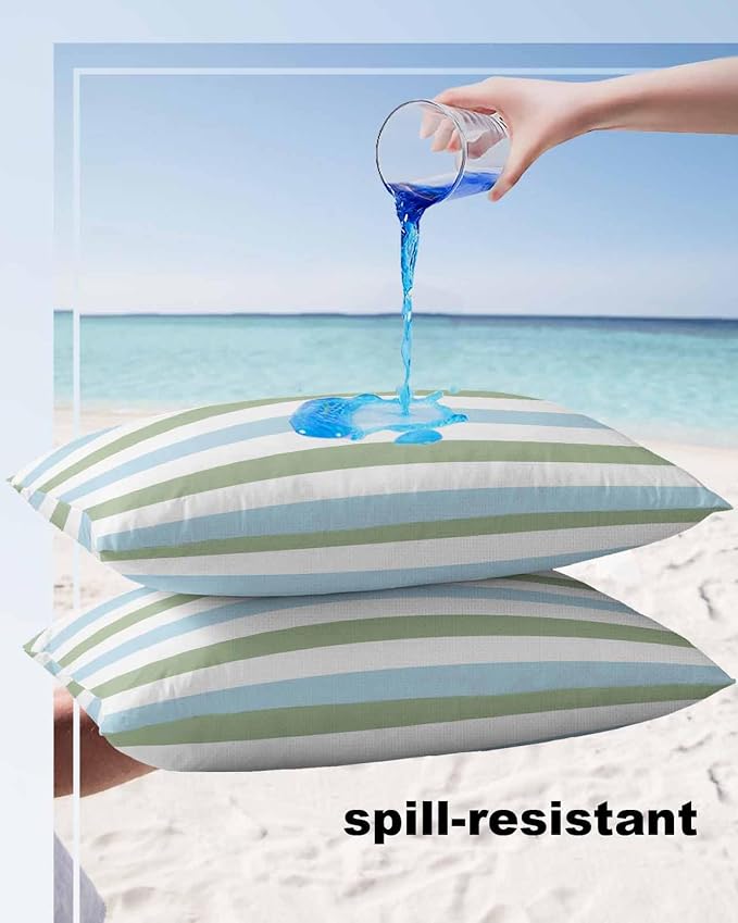 Outdoor Waterproof Throw Pillow Covers 20x12Inch, Spring Stripes Pattern Cushions for Garden Patio Furniture Chairs Set of 2, Blue and Sage Green Home Decor Couch Sofa Polyester Pillow Cases