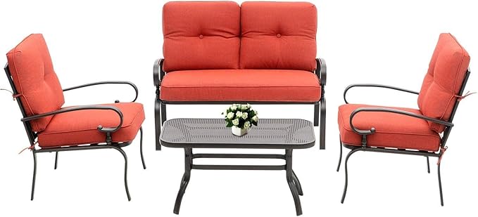 Outdoor Furniture Patio Conversation Set Loveseat, 2 Chairs, Coffee Table with Cushion, Lawn Front Porch Garden, Metal Chair Set Wrought Iron Look(Red)