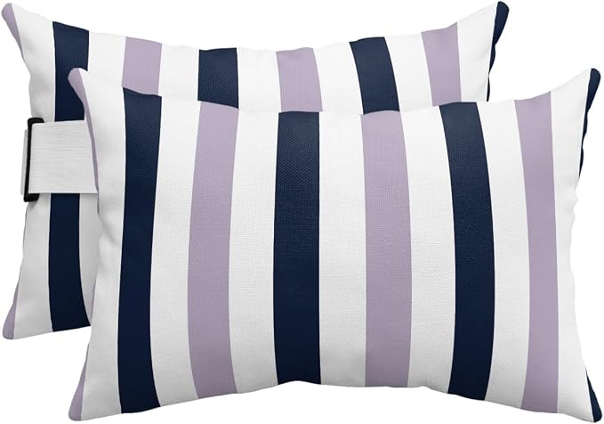 Outdoor Pillows Waterproof Covers Set of 2, Navy Blue Purple Stripes Adjustable Elastic Chaise Lounge Headrest Pillow Covers, Contrast Striped Lumbar Pillow for Pool Patio Furniture 11x16 Inch