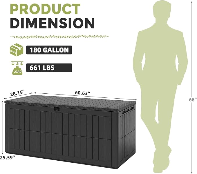 UDPATIO 180 Gallon Deck Box Outdoor Storage Box Lockable Resin Shed Waterproof Indoor Outdoor Storage Container for Patio Cushions Tools Package Delivery Boxes for outside