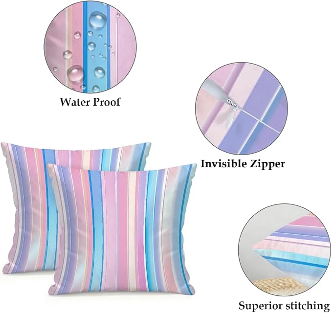 16x16 Inch Outdoor Pillow Covers Set of 2 Waterproof Throw Pillow Covers Decorative Couch Cushion Covers Pink Blue Stripes Square Pillowcases Protectors for Patio Garden Sofa
