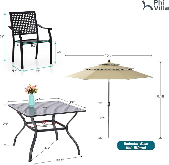 PHI VILLA Outdoor Table Chairs Set w/Umbrella, 5pc Patio Metal Furniture | 37" wrought iron square table & stackable chairs for 4. 10ft beige umbrella. Dining set for deck, porch, backyard.