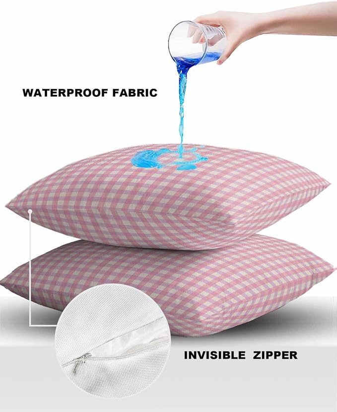 Outdoor Waterproof Throw Pillow Covers Set of 2 Pink Buffalo Plaid Pillowcases 18x18 Inches Linen Classic Checked Patio Decorative Pillows Cushion Case Patio Pillows for Couch Bed Chair Garden