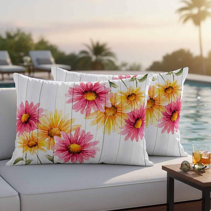 Yellow Pink Daisy Outdoor Pillow Covers 20"x12" Set of 2, Rustic Farmhouse Wooden Slats Waterproof Throw Pillow Covers for Patio Furniture, Decorative Cushion Covers for Porch