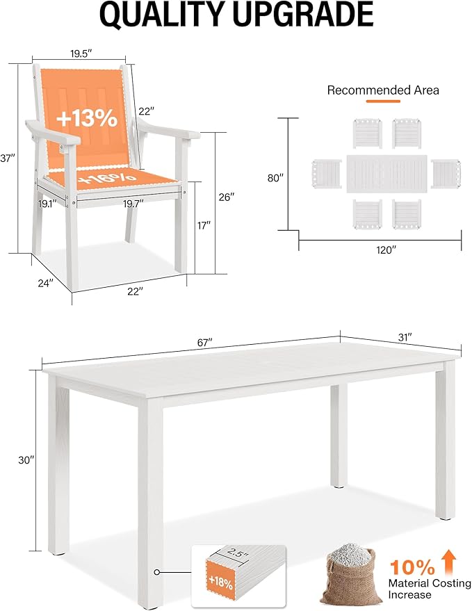 YEFU Outdoor Dining Table for 6: All Weather Rectangular Patio Table with Umbrella Hole and Aluminum Frame - Outdoor Furniture for Outside Backyard/Garden/Pool/Porch/Deck, 300lbs Capacity, White