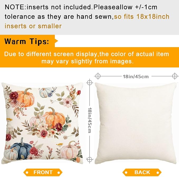 RABUSOFA Fall Pillow Covers 18x18 Inch Set of 2 Orange Pink Dark Blue Pumpkin Rust Floral Thanksgiving Autumn Harvest Outdoor Throw Cushion Cases Seasonal Fall Farmhouse Decorations for Home Couch