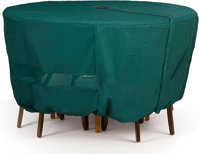 Covermates Classic Round Patio Dining Table and Chair Set Cover – All-Weather Outdoor Protection, Water-Resistant Vinyl, Elastic Hem, Mesh Vents, with Umbrella Hole 96 Diameter x 30H, Green