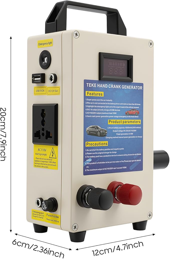 15600mAh Emergency Power Generator Hand Cranked Portable Hand Crank Generator with AC Outlet & Car Jump Starter for Camping, Outages