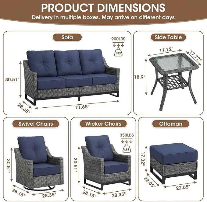 5-Piece Outdoor Patio Furniture Set, Grey Wicker Conversation Set with 2 High-Back Chairs, 2 Ottomans and Side Table, 6-Inch Blue Cushions for Porch, Deck, Backyard