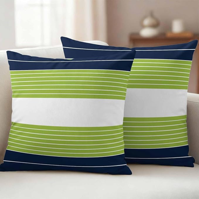 Outdoor Pillow Covers Set of 2, Navy Blue Green Striped Decorative Throw Pillow Covers 18X18IN, Gradient Watercolor Streak Throw Pillows Protector Cushion Case for Patio,Couch,Sofa,Garden
