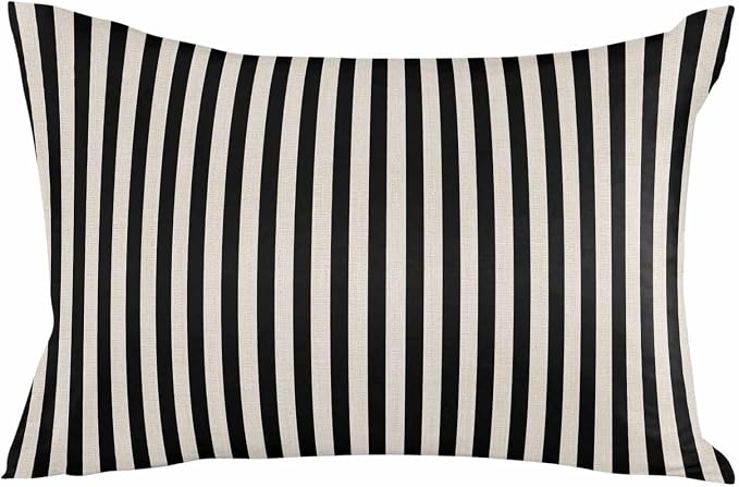 Outdoor Waterproof Throw Pillow Covers Set of 2 Black Stripes Lumbar Pillowcases 20x12 Inches Linen Classic Vertical Striped Patio Decorative Pillows Cushion Case Patio Pillows for Couch Bed Garden