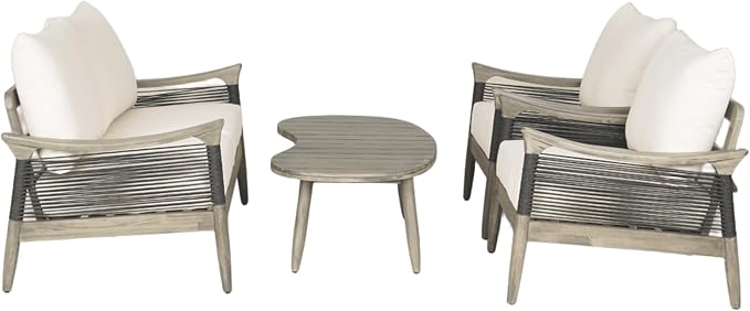 Christopher Knight Home Havets 4 Piece Patio Conversation Sets, Outdoor Acacia Wood Patio Seating Group,Woven Rope Loveseat Chairs with Cushions and Coffee Table for Porch Backyard Balcony, Gray+Beige