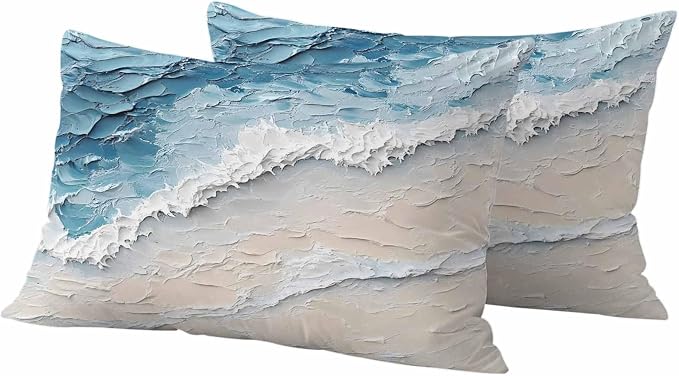 Outdoor Pillow Covers Set of 2, Abstract Ocean Scene Oil Painting Art Decorative Throw Pillow Covers 20X12IN, Natural Sea Wave Beach Throw Pillows Protector Cushion Case for Patio,Couch,Sofa,Garden