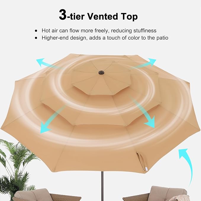 ABCCANOPY 11Ft 3 Tiers Market Umbrella, Outdoor Table Umbrella for Patio, Deck, Backyard (Khaki)