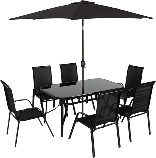 Outsunny 8 Pieces Patio Table and Chairs Set with 9 Ft Patio Umbrella, Outdoor Dining Set with 4.6 Ft Dining Table and 6 Chairs, Push Button Tilt and Crank Parasol, Tempered Glass Top, Black