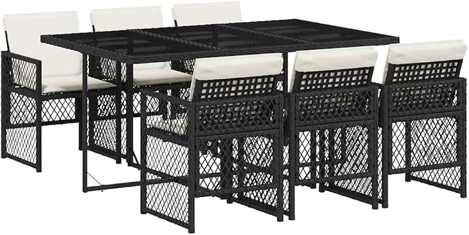 7-Piece Garden Dining Set with Cream White Cushions, Black Poly Rattan Medium Foldable Chairs, Tempered Glass Table for Outdoor Patio