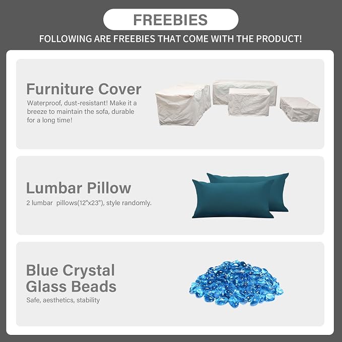 Outdoor Patio Furniture 60000 BTU Outdoor Propane Fire Pit Table Patio Furniture Set 45 In Outdoor Fire Pits 7 Pieces Patio Sofa Outdoor Chairs Anti-slip Cushions Waterproof Covers, Peacock Blue