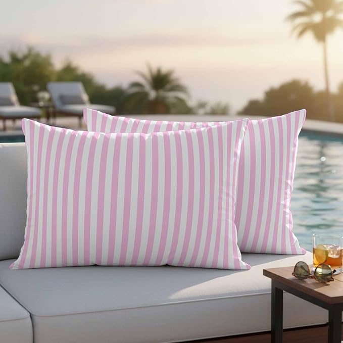 Lumbar Pillow Covers 20x12 Inch Set of 2, Pink White Stripe Waterproof Outdoor Cushion Covers, Modern Minimalist Geometric Striped Decorative Pillowcases for Couch, Sofa, Bed, Garden, Patio