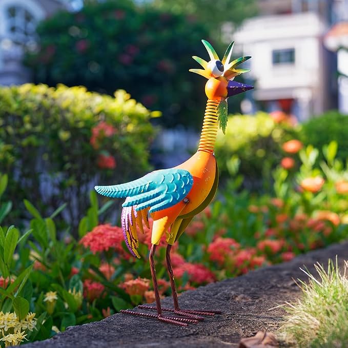 Metal Wacky Rooster Garden Statue for, Patio, Backyard, Lawn | 18'' Rooster Decor, Yard Statue Decorations Outdoor, Chicken Yard Art, Orange