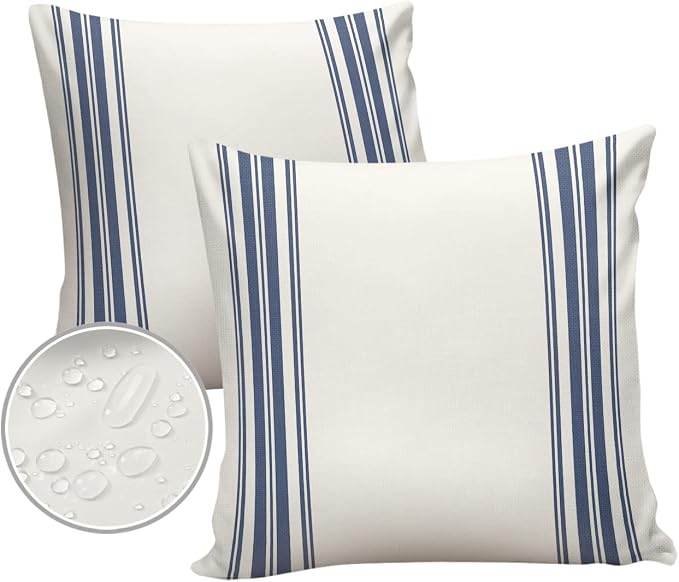 Outdoor Waterproof Pillow Covers for Patio Furniture Blue Ticking Vertically Stripe Decorative Throw Pillow Cover Simple Style White Pillowcases Set of 2 Cushion Case for Sofa Couch Chair 18 x 18 In