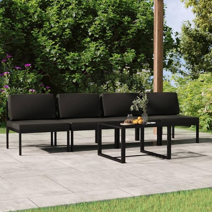 5 Piece Patio Lounge Set with Cushions, Modular Aluminum Outdoor Sectional Sofa and Table, Anthracite Metal Conversation Furniture for Backyard and Garden