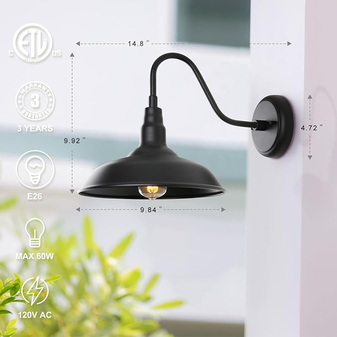 10in Dome Outdoor Barn Light with Wall Mount 2 Pack Black Exterior Gooseneck Lights Farmhouse Style Outdoor Barn Wall Lights Garage Outside Wall Sconce for House, Porch, Patio, Yard