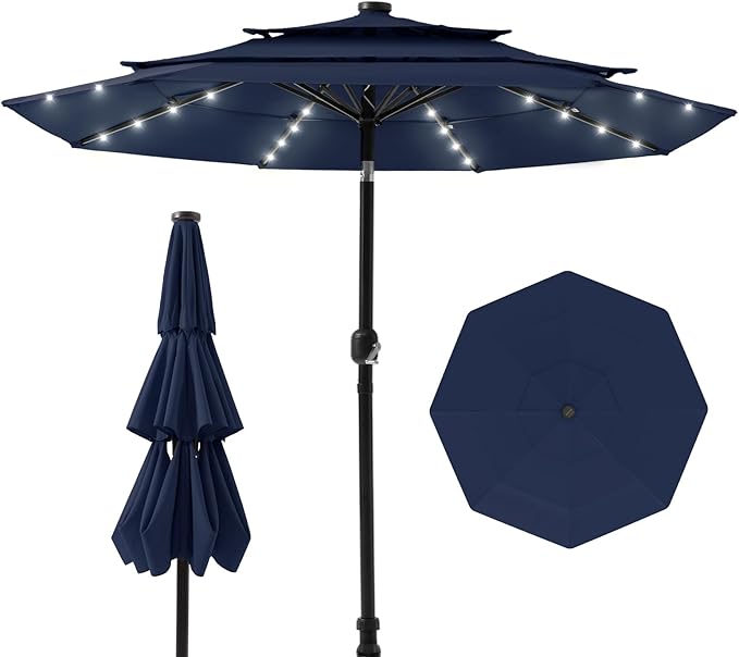 HOMPUS 9FT/10FT/11FT 3 Tiers Solar LED Patio Umbrella for Outside, Outdoor Market Umbrella with Push Button Tilt, 40 LEDs, Sun Shade for for Backyard, Deck, Garden