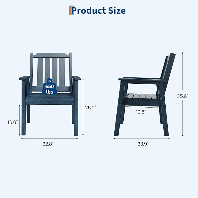 GAOMON Outdoor Patio Dining Chairs Set of 4, All-Weather HDPE Garden Dining Chairs with Armrests, Wide Seat and Sturdy Frame,Waterproof Design, for Garden, Backyard, Deck, Navy Blue