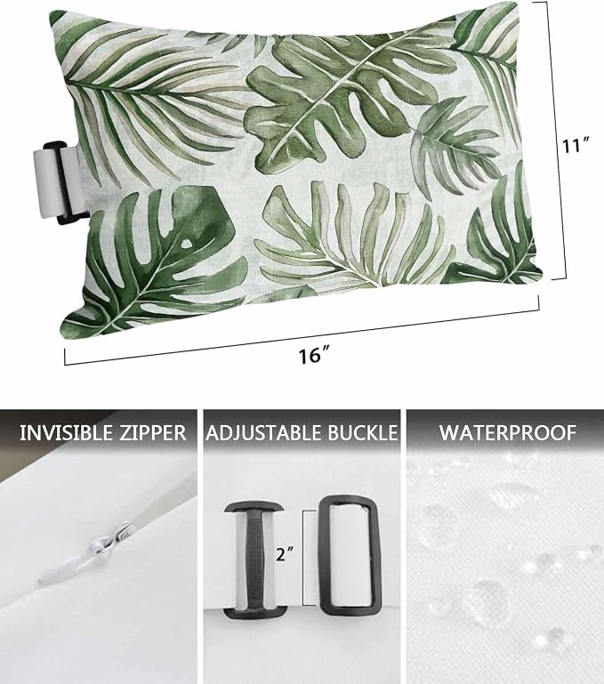 Pack of 4 Outdoor Lumbar Pillow Covers 11x16 Inch, Green Monstera Deliciosa Waterproof Throw Pillow Covers Set, Summer Botanical Tropical Indoor&Outdoor Decorative Cushion Cases for Patio Porch Car