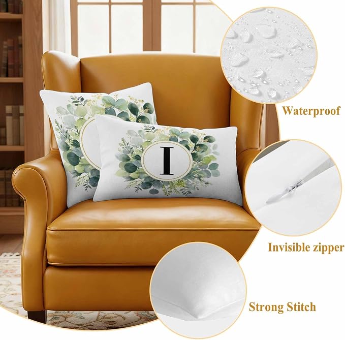 Letter I Waterproof Outdoor Pillow Covers Set of 2 Home Decor, Alphabet Green Eucalyptus Leaves Pillowcase Patio Pillow Covers for Couch Bench Patio Furniture Garden 26x26in